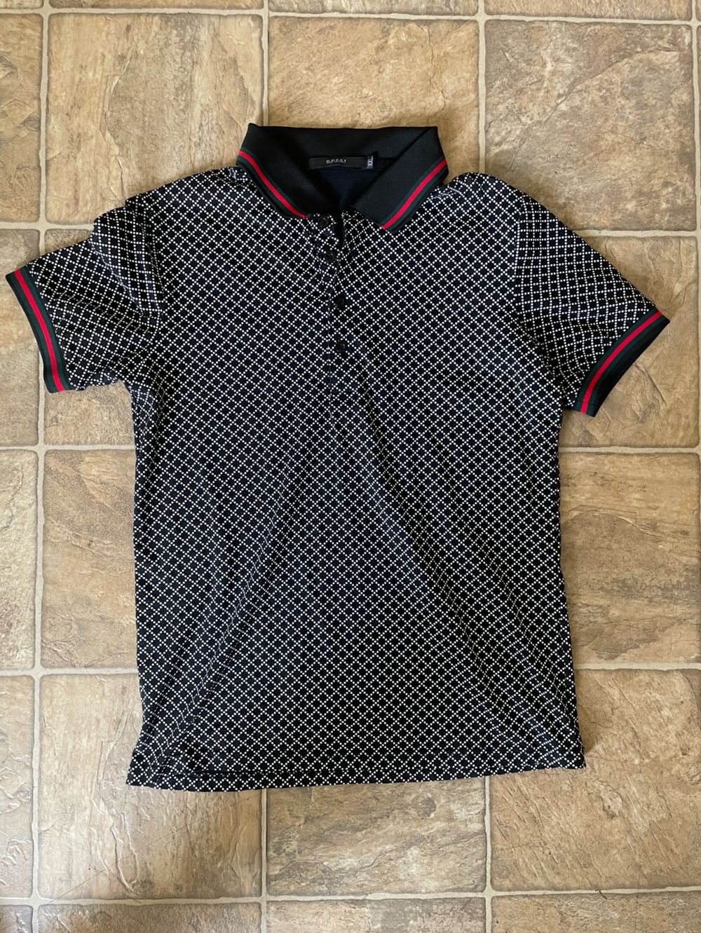 Gucci Black Polo with White Diamond Print and Signature Green-Red Trim